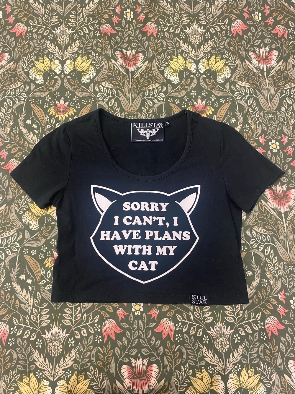Killstar Black Crop Tee with Pale Pink Cat Graphic